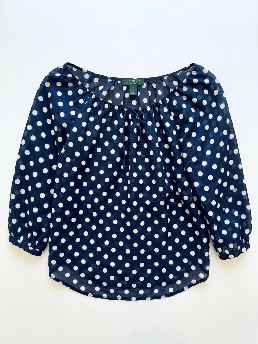 Lauren Ralph Lauren Navy Blue Polka Dot Peasant Blouse Top Small Off Shoulder